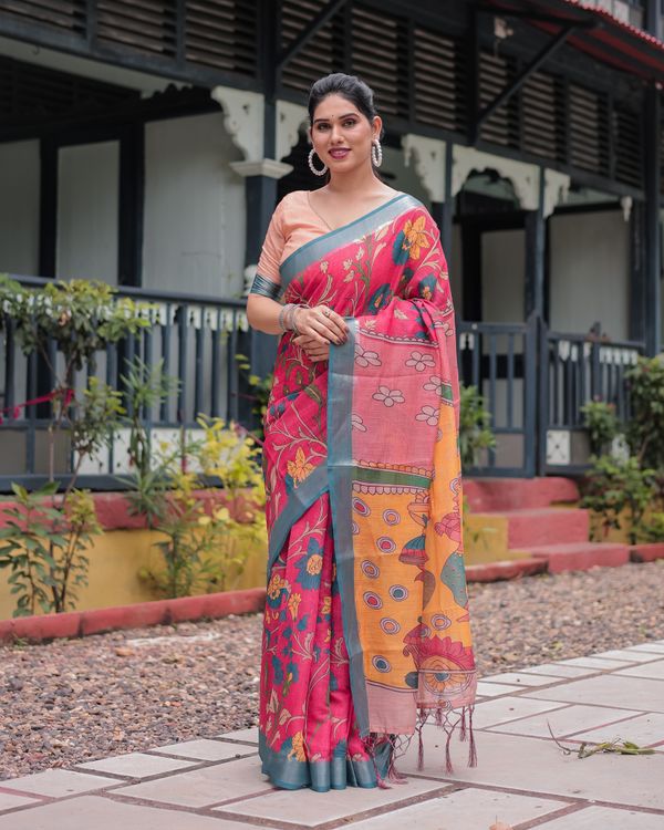 Coral Pink Linen Cotton Saree with Teal Edge & Tassel Pallu