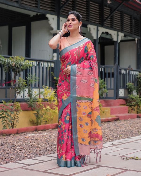 Coral Pink Linen Cotton Saree with Teal Edge & Tassel Pallu
