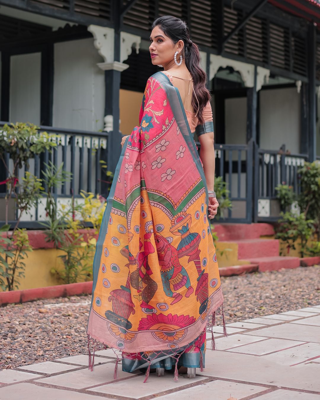 Coral Pink Linen Cotton Saree with Teal Edge & Tassel Pallu