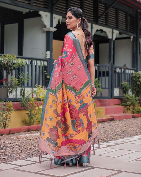 Coral Pink Linen Cotton Saree with Teal Edge & Tassel Pallu
