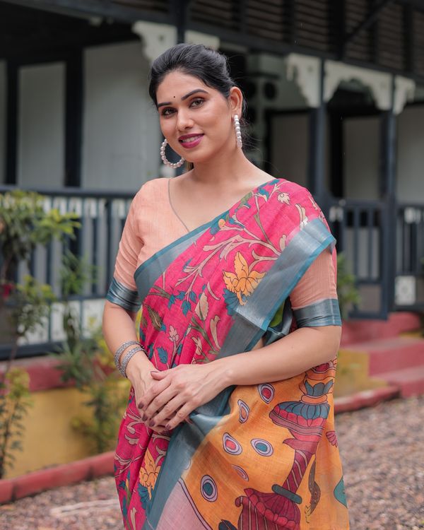 Coral Pink Linen Cotton Saree with Teal Edge & Tassel Pallu
