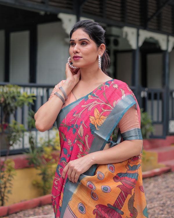 Coral Pink Linen Cotton Saree with Teal Edge & Tassel Pallu