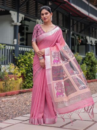 Rose Pink Artistic Printed Linen Cotton Saree With Unstitched Blouse