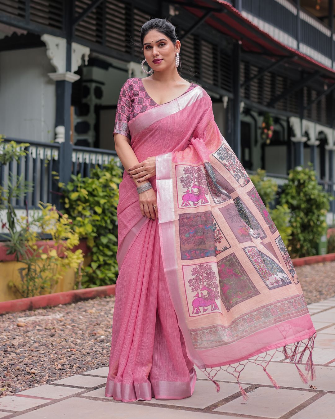 Rose Pink Artistic Printed Linen Cotton Saree With Unstitched Blouse