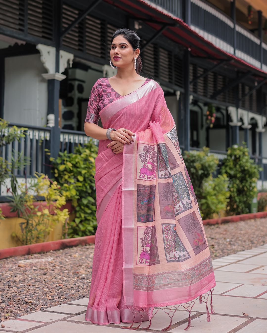 Rose Pink Artistic Printed Linen Cotton Saree With Unstitched Blouse