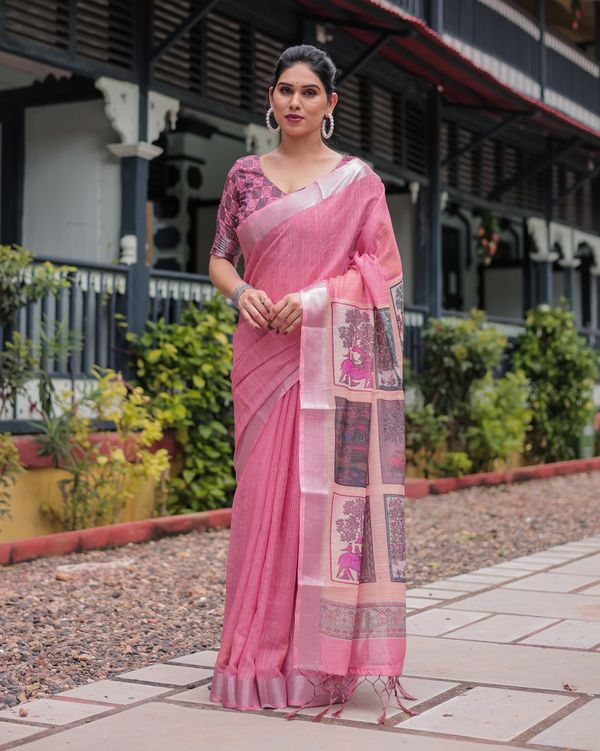 Rose Pink Artistic Printed Linen Cotton Saree With Unstitched Blouse