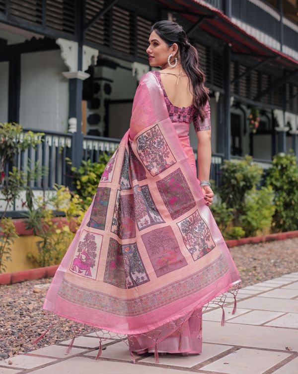 Rose Pink Artistic Printed Linen Cotton Saree With Unstitched Blouse
