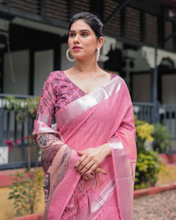 Rose Pink Artistic Printed Linen Cotton Saree With Unstitched Blouse
