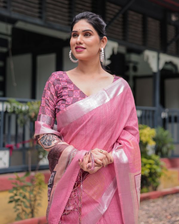 Rose Pink Artistic Printed Linen Cotton Saree With Unstitched Blouse