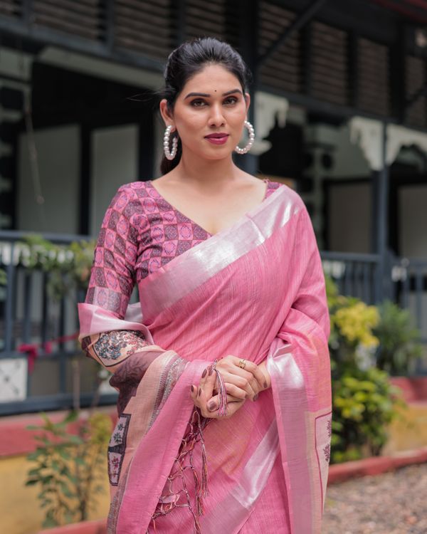 Rose Pink Artistic Printed Linen Cotton Saree With Unstitched Blouse