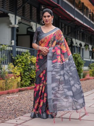 Charcoal Floral Printed Linen Cotton Saree With Blouse