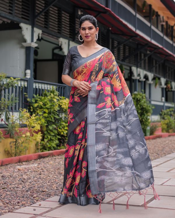 Charcoal Floral Printed Linen Cotton Saree With Blouse