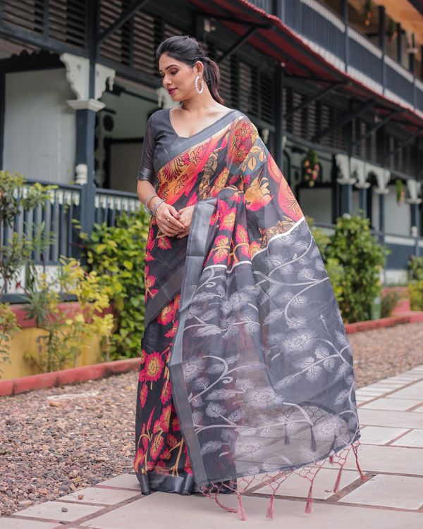 Charcoal Floral Printed Linen Cotton Saree With Blouse