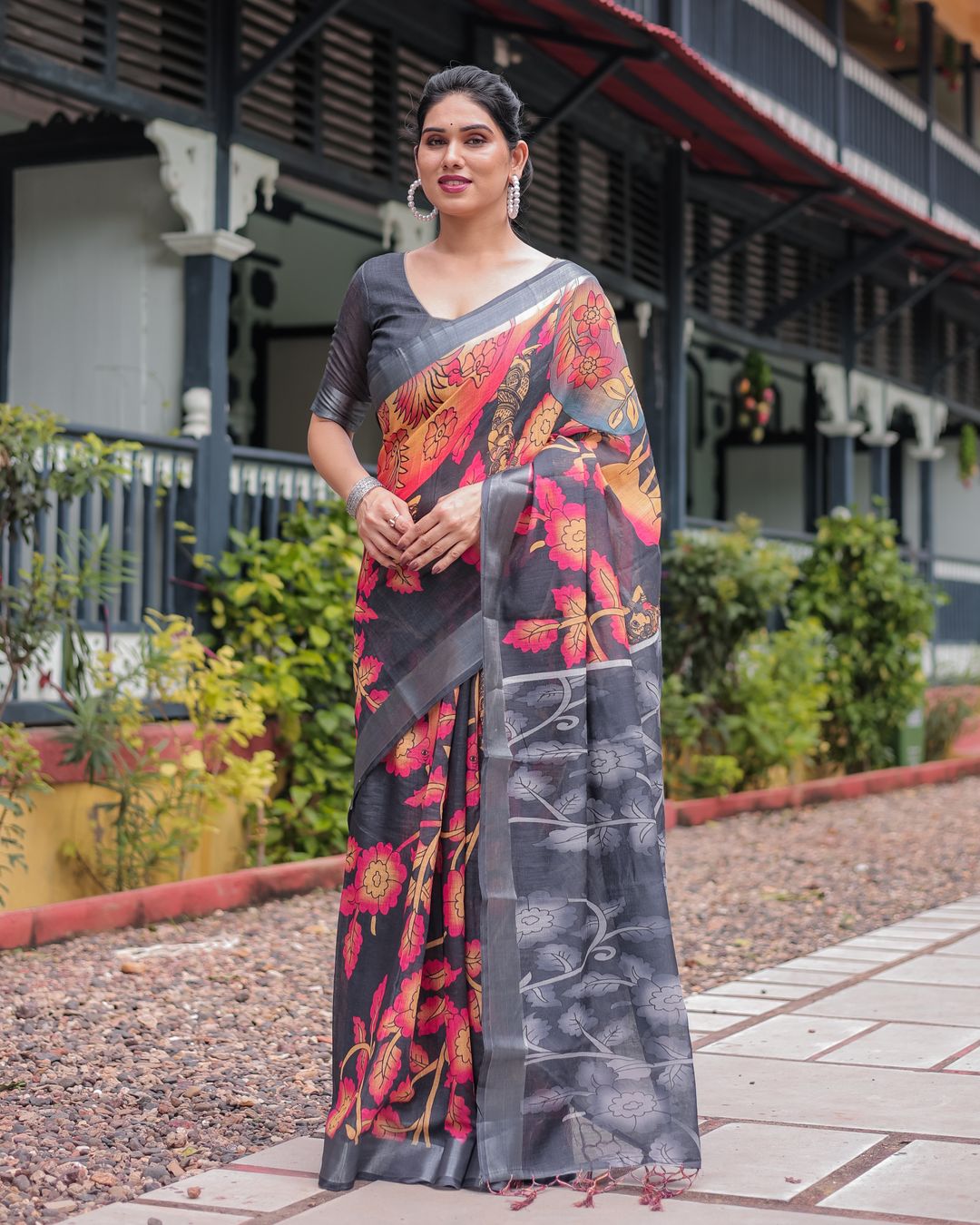 Charcoal Floral Printed Linen Cotton Saree With Blouse