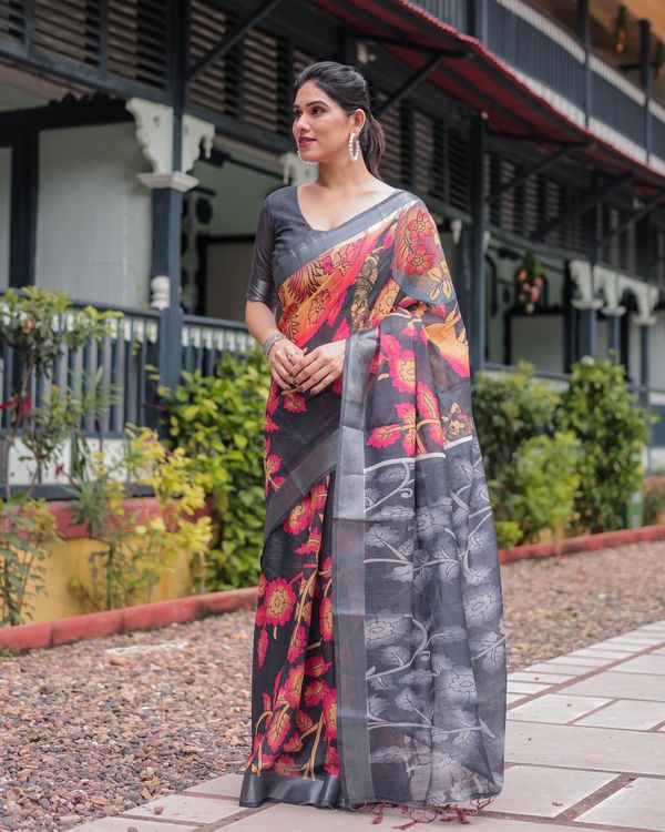 Charcoal Floral Printed Linen Cotton Saree With Blouse