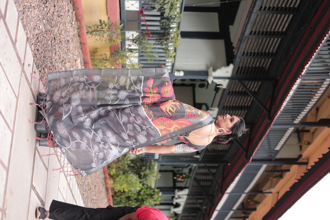 Charcoal Floral Printed Linen Cotton Saree With Blouse