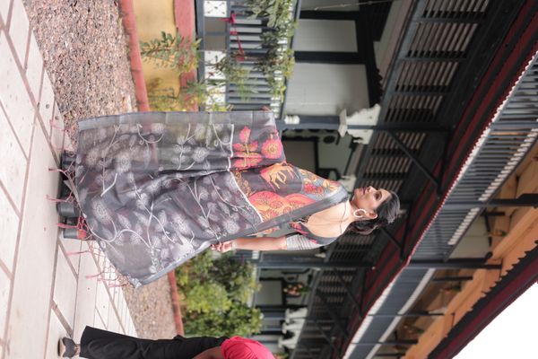 Charcoal Floral Printed Linen Cotton Saree With Blouse