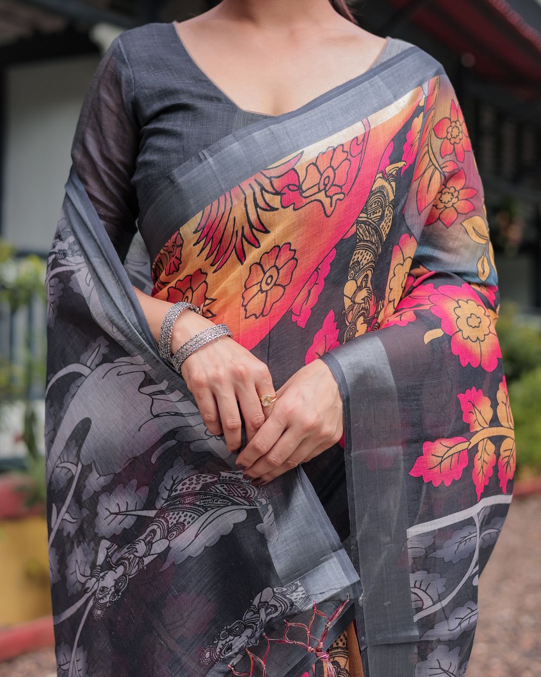 Charcoal Floral Printed Linen Cotton Saree With Blouse