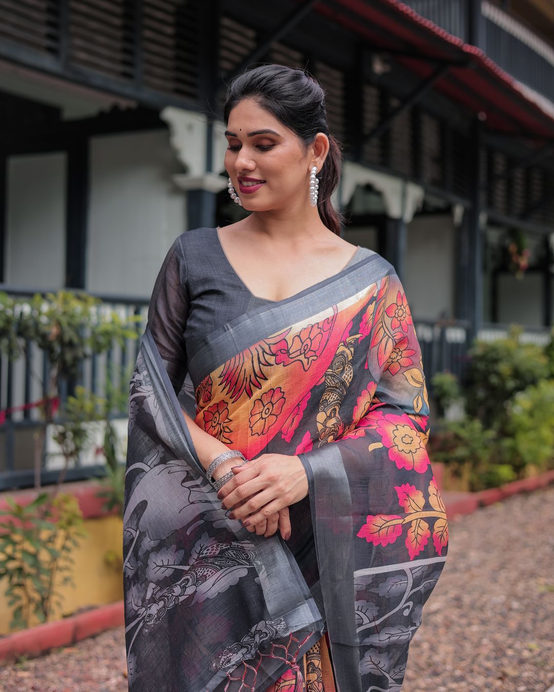 Charcoal Floral Printed Linen Cotton Saree With Blouse