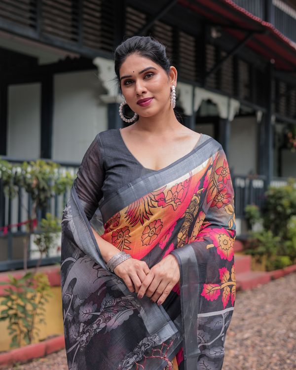 Charcoal Floral Printed Linen Cotton Saree With Blouse
