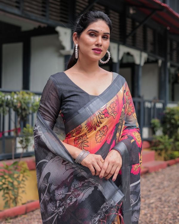 Charcoal Floral Printed Linen Cotton Saree With Blouse