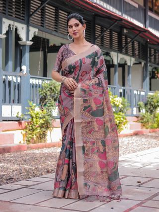 Mauve Artistic Bird Print Linen Cotton Saree With Blouse