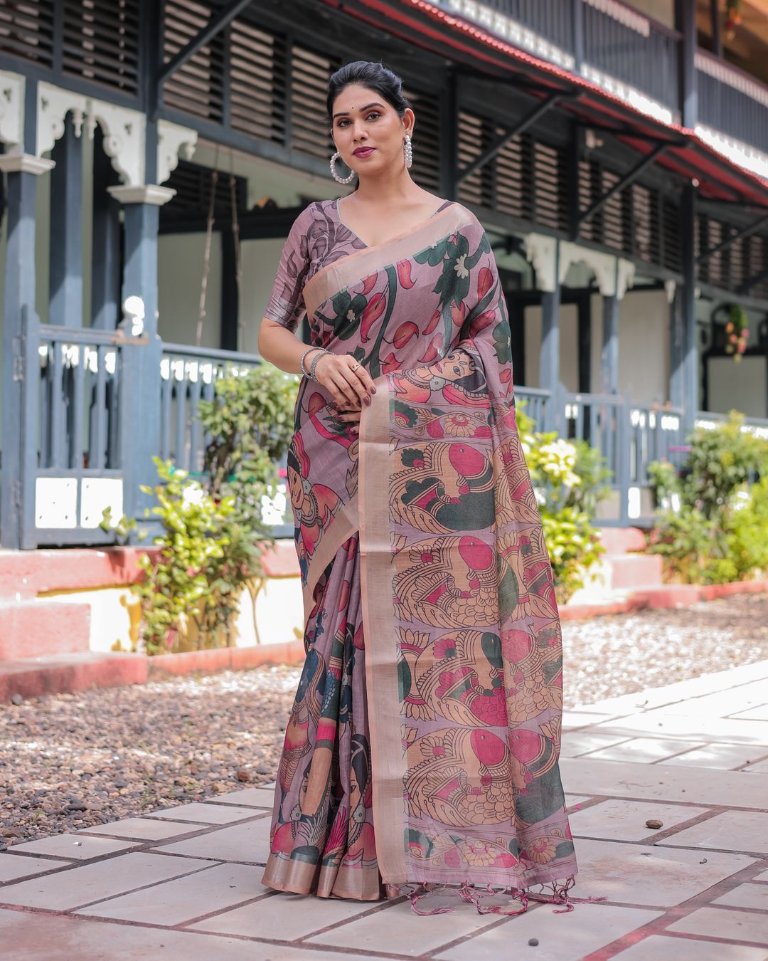 Mauve Artistic Bird Print Linen Cotton Saree With Blouse