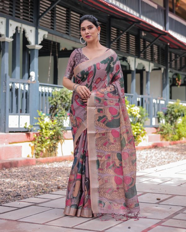 Mauve Artistic Bird Print Linen Cotton Saree With Blouse
