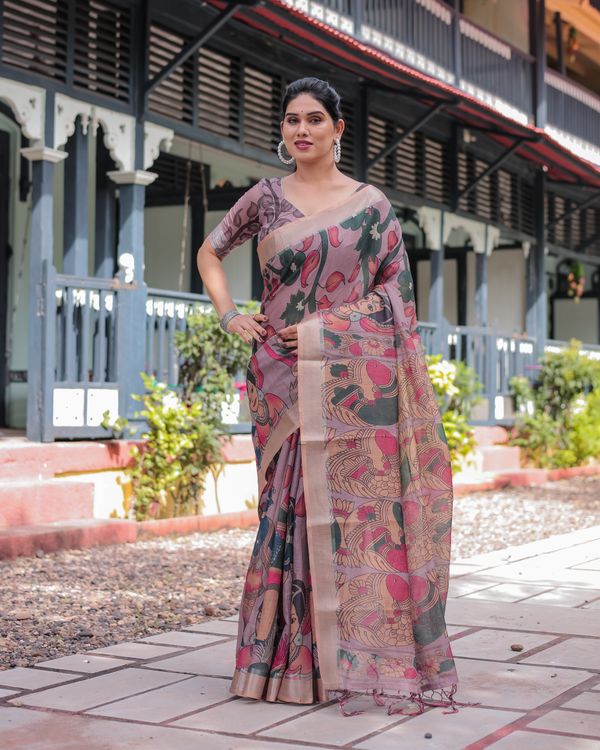 Mauve Artistic Bird Print Linen Cotton Saree With Blouse