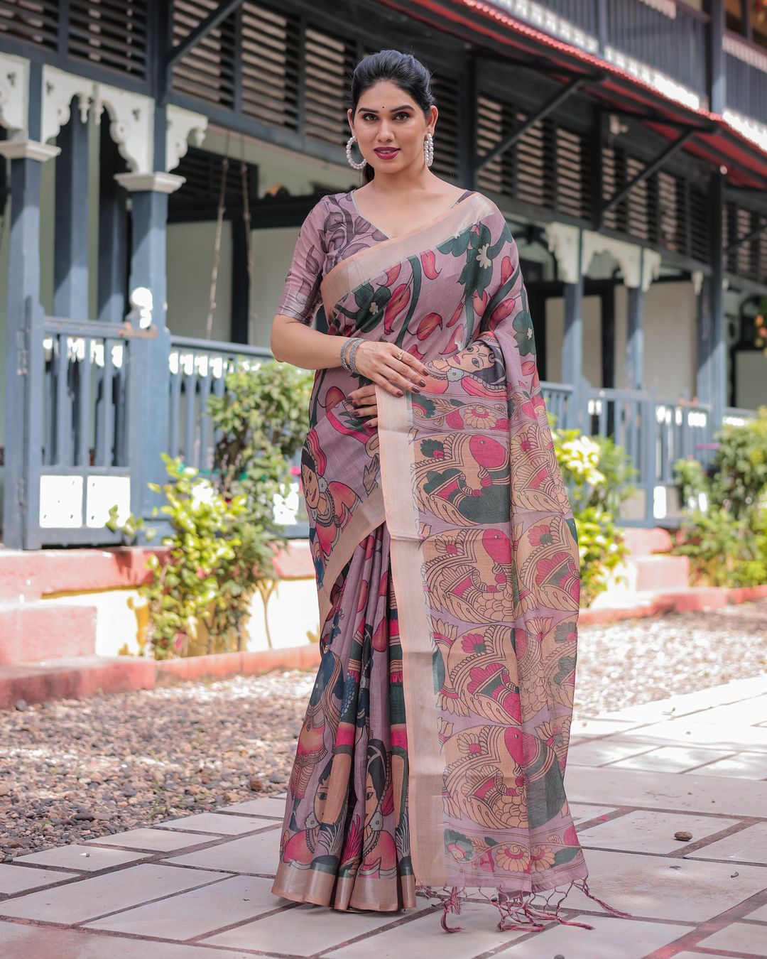 Mauve Artistic Bird Print Linen Cotton Saree With Blouse