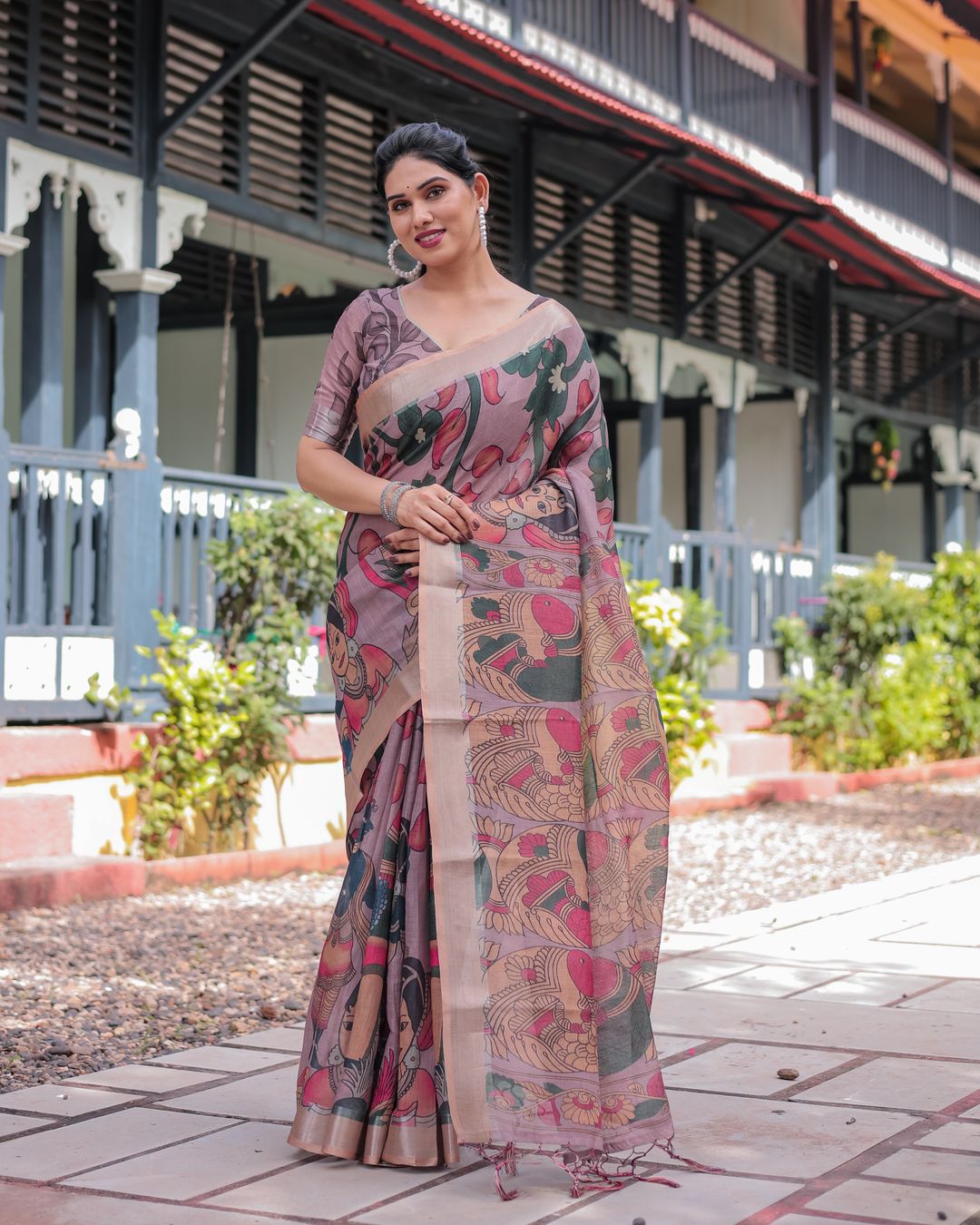 Mauve Artistic Bird Print Linen Cotton Saree With Blouse