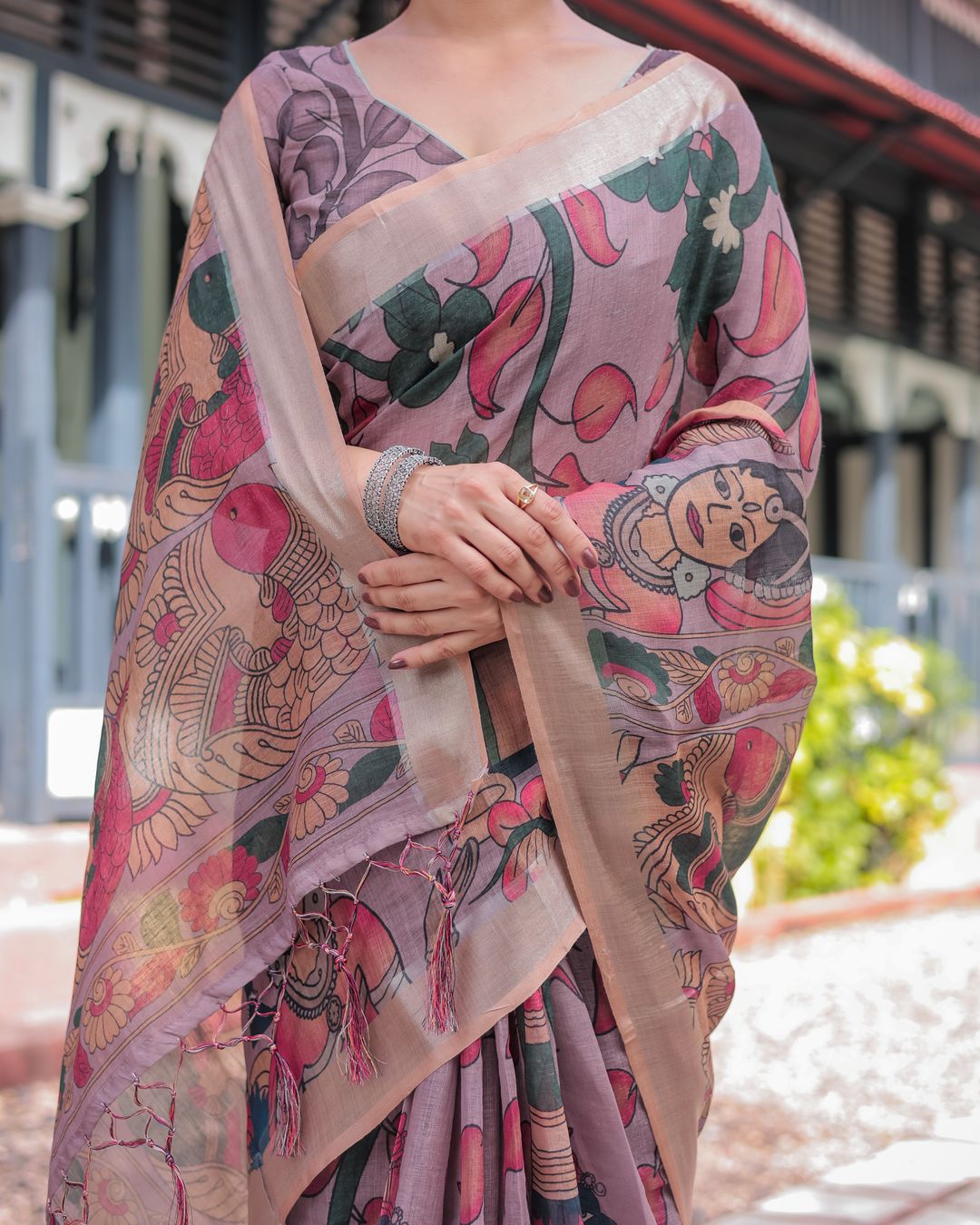 Mauve Artistic Bird Print Linen Cotton Saree With Blouse