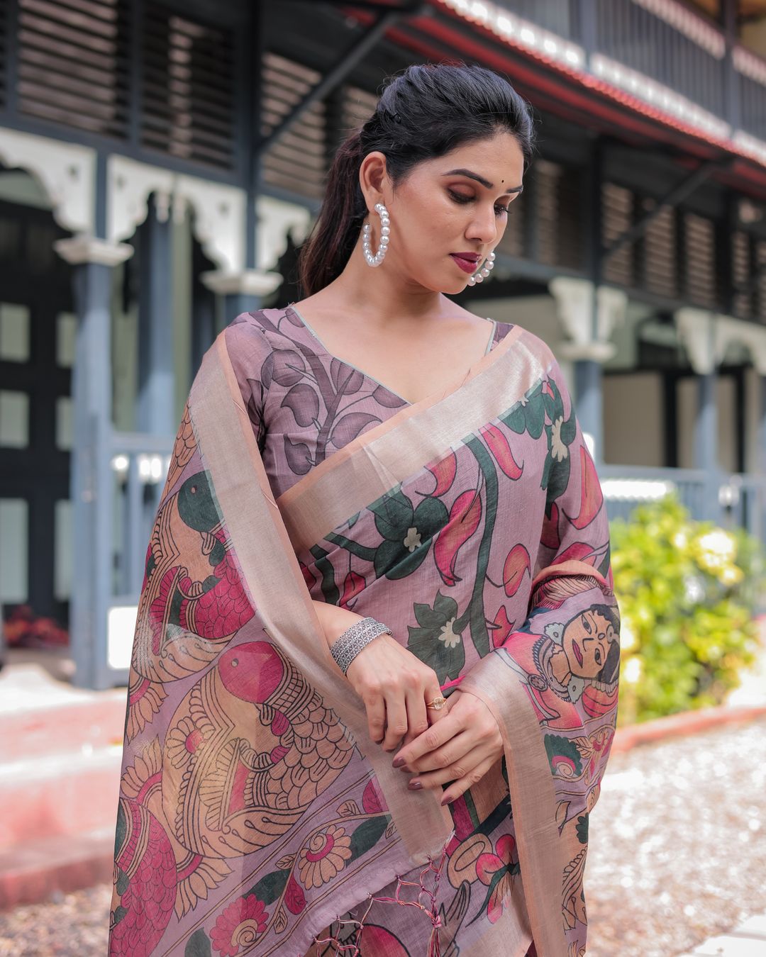 Mauve Artistic Bird Print Linen Cotton Saree With Blouse