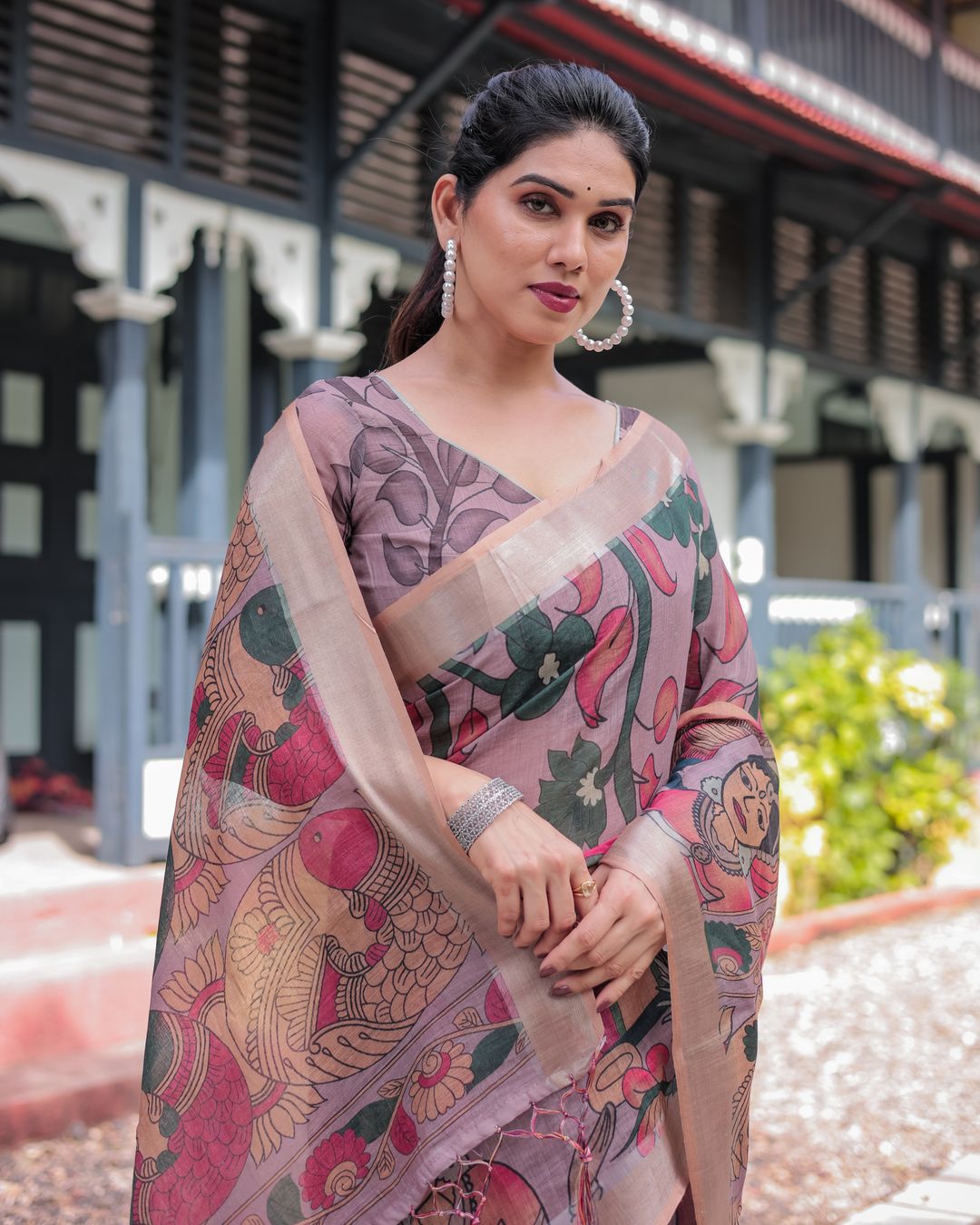 Mauve Artistic Bird Print Linen Cotton Saree With Blouse