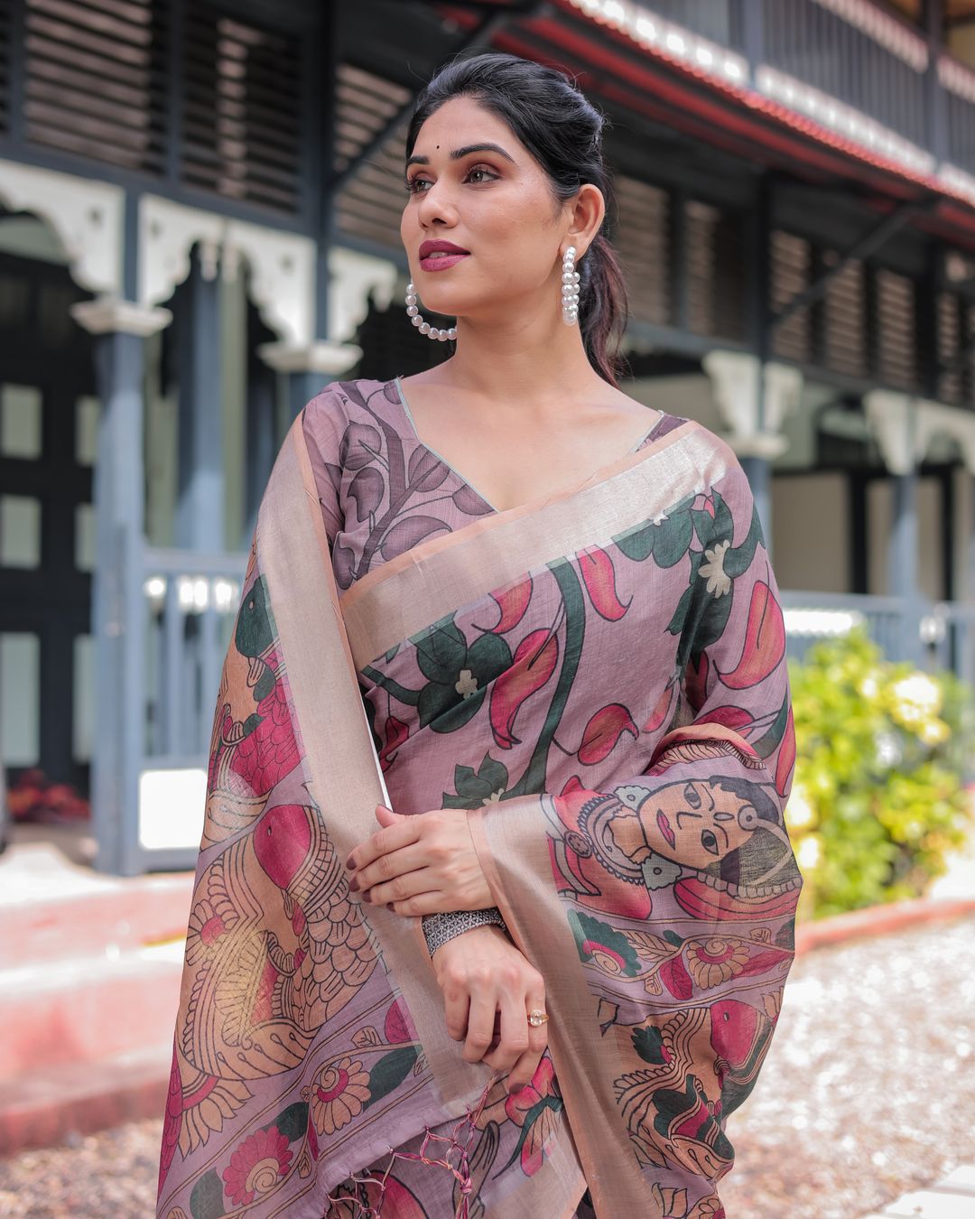 Mauve Artistic Bird Print Linen Cotton Saree With Blouse