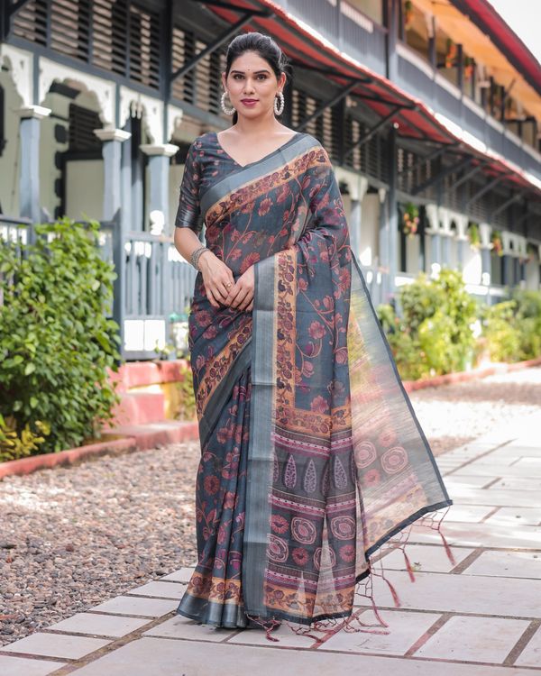 Slate Blue Floral Vine Printed Linen Cotton Saree
