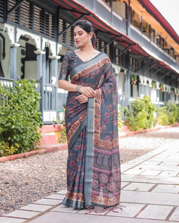 Slate Blue Floral Vine Printed Linen Cotton Saree