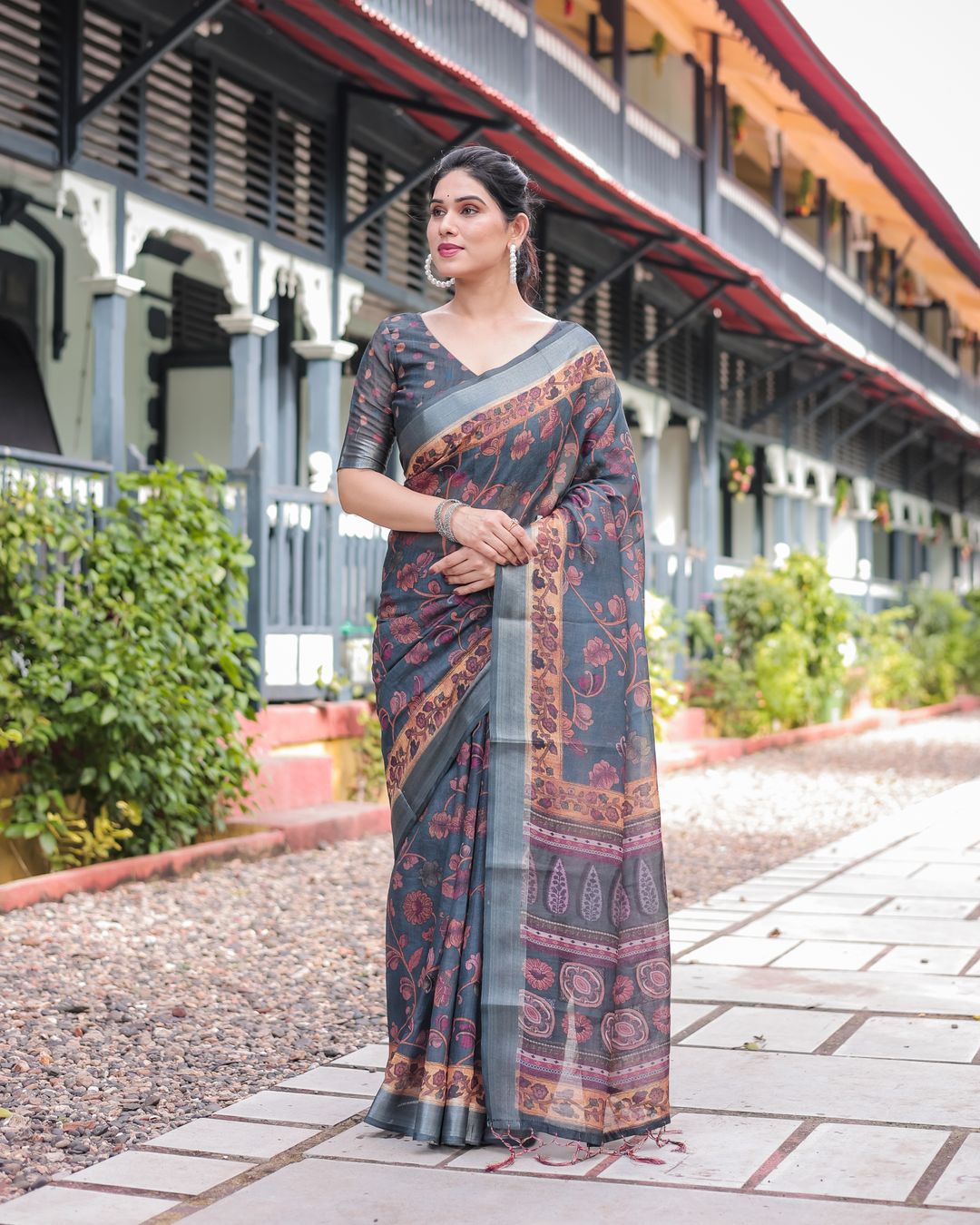 Slate Blue Floral Vine Printed Linen Cotton Saree
