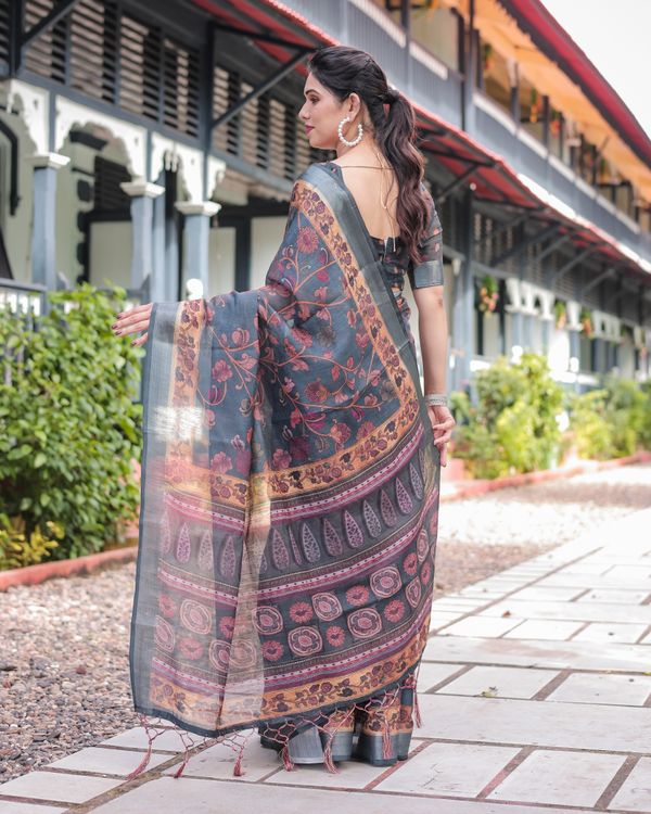 Slate Blue Floral Vine Printed Linen Cotton Saree