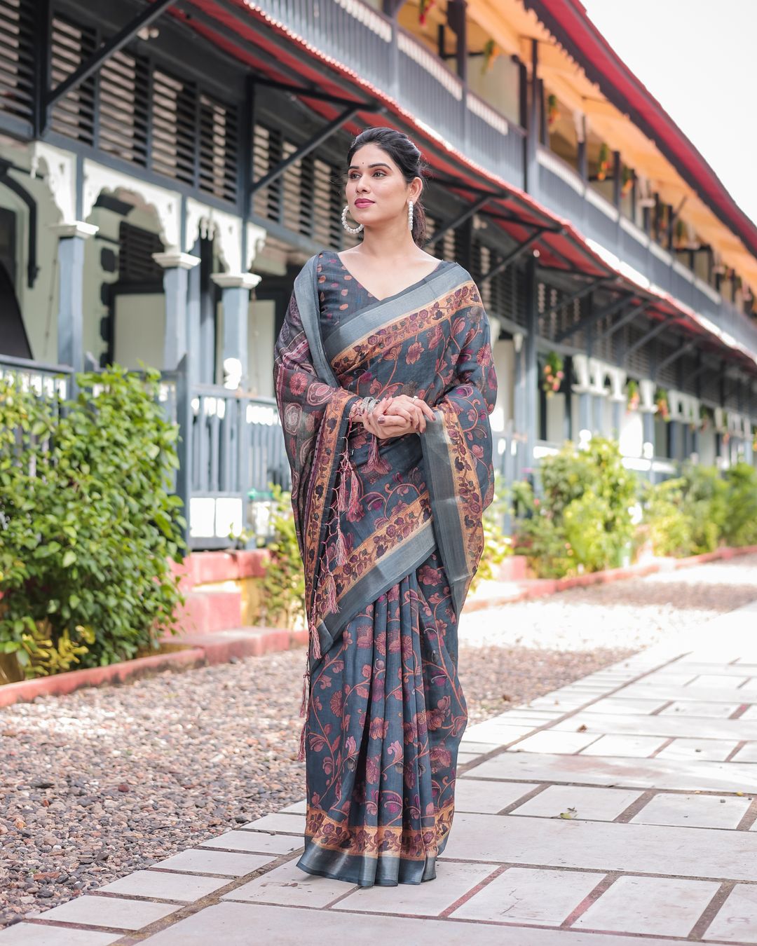 Slate Blue Floral Vine Printed Linen Cotton Saree