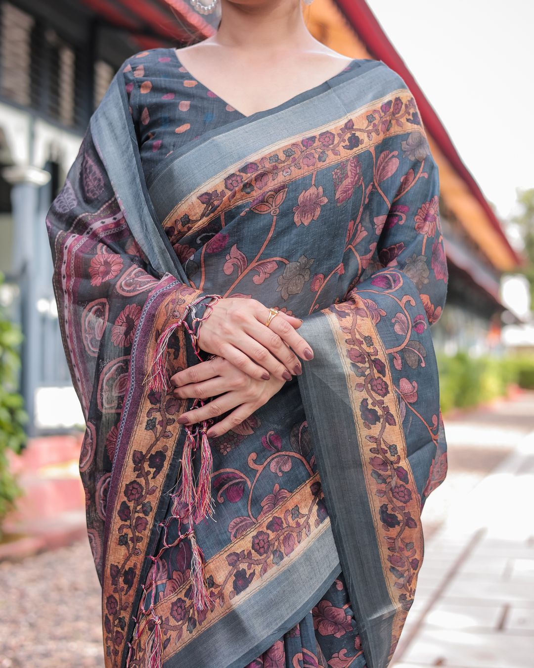 Slate Blue Floral Vine Printed Linen Cotton Saree