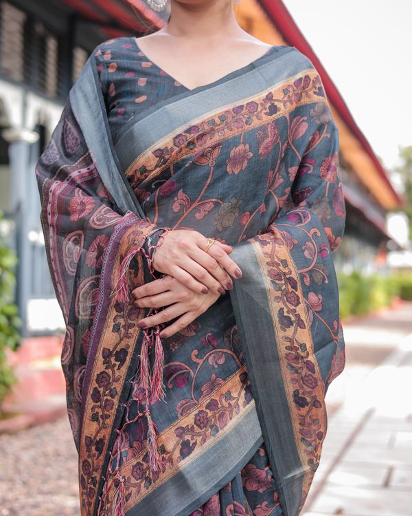 Slate Blue Floral Vine Printed Linen Cotton Saree