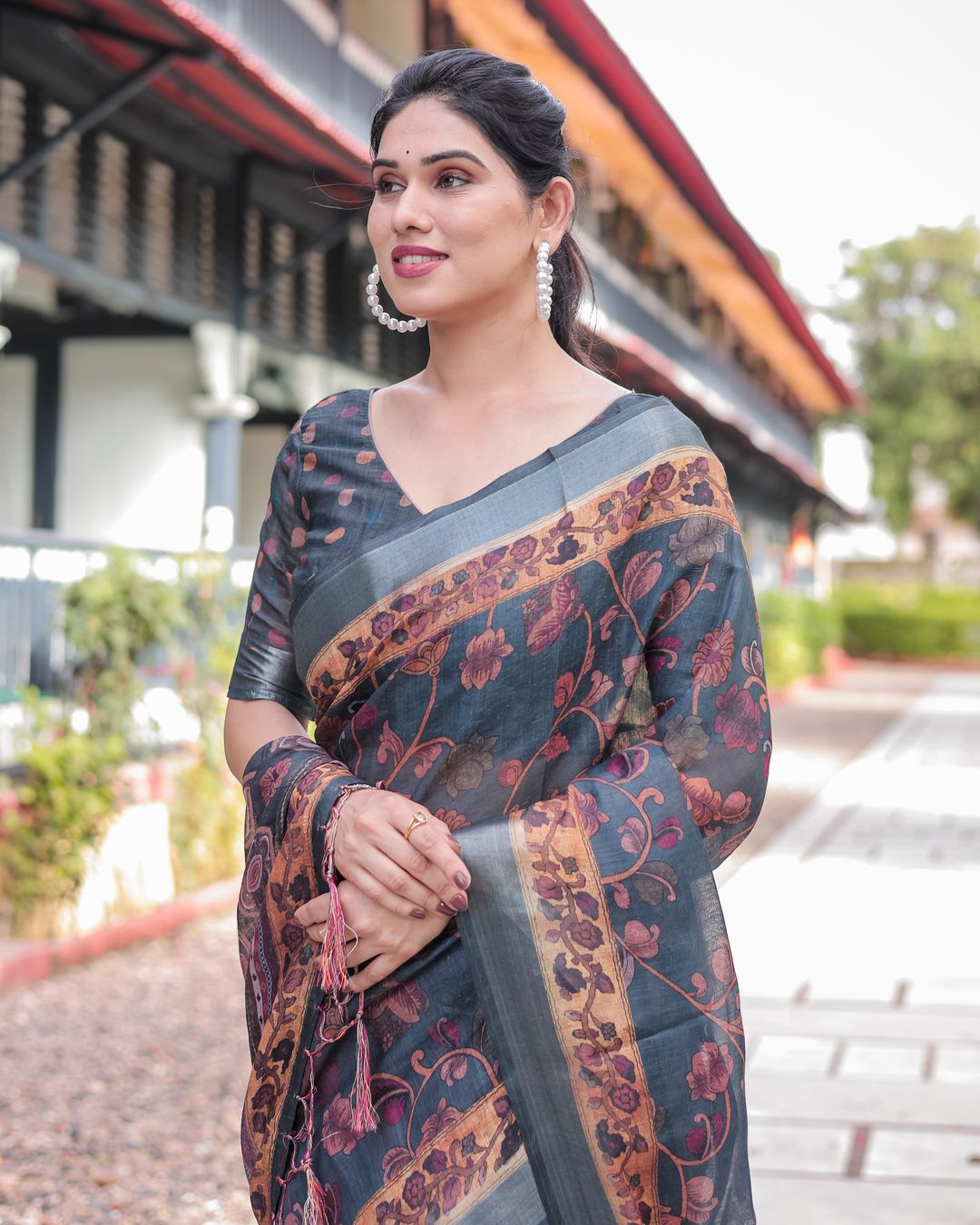 Slate Blue Floral Vine Printed Linen Cotton Saree
