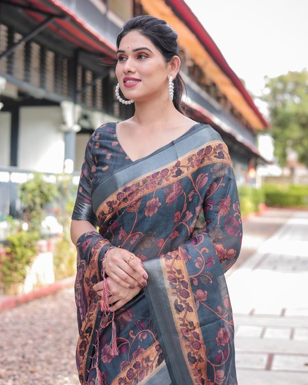 Slate Blue Floral Vine Printed Linen Cotton Saree