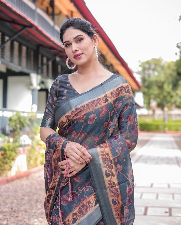 Slate Blue Floral Vine Printed Linen Cotton Saree