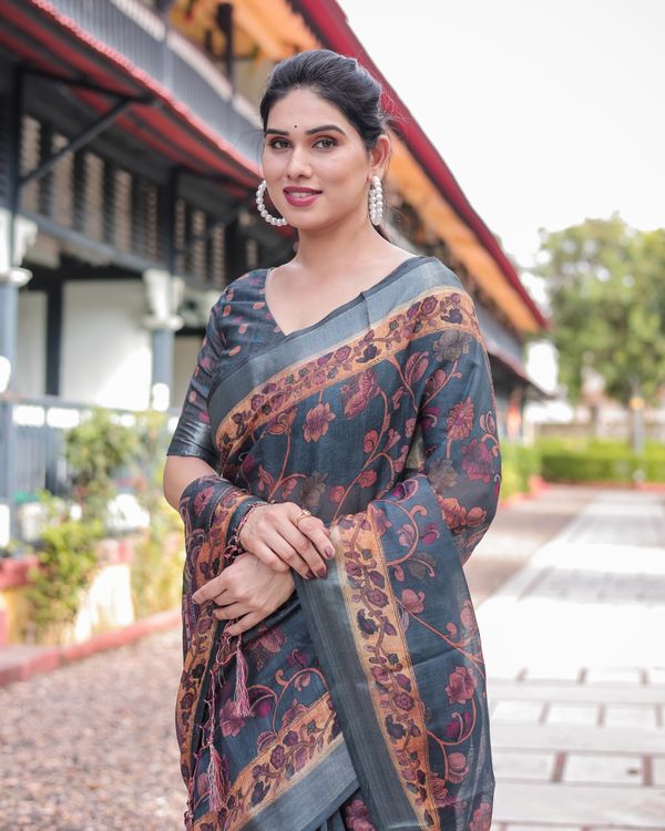 Slate Blue Floral Vine Printed Linen Cotton Saree
