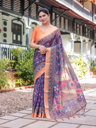Navy Blue Floral Printed Linen Cotton Saree with Blouse