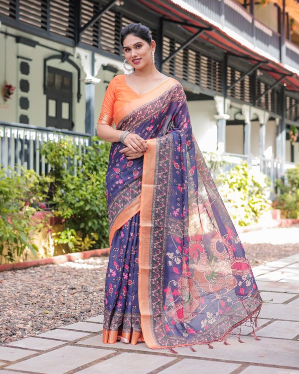 Navy Blue Floral Printed Linen Cotton Saree With Blouse