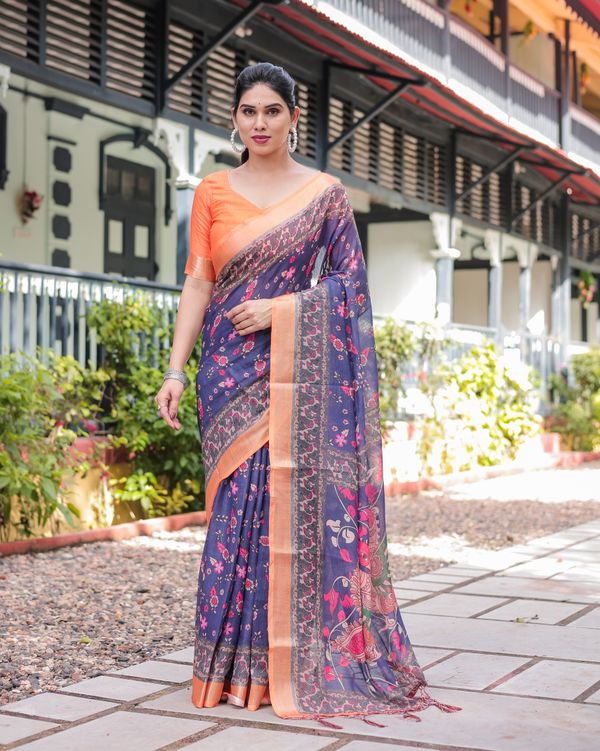 Navy Blue Floral Printed Linen Cotton Saree With Blouse