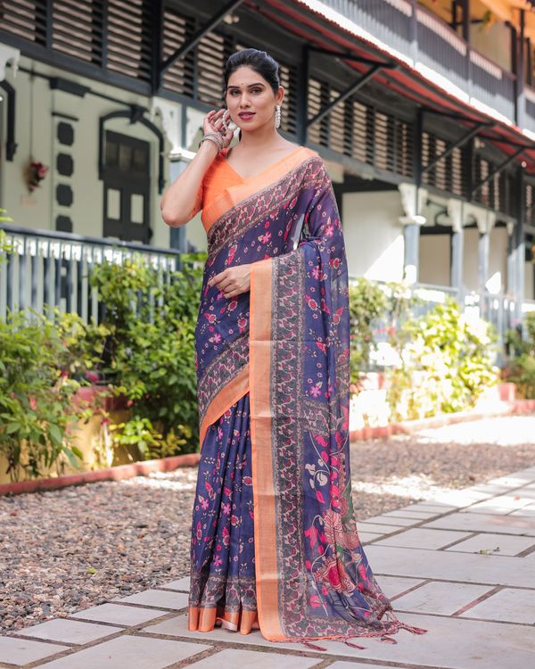 Navy Blue Floral Printed Linen Cotton Saree With Blouse